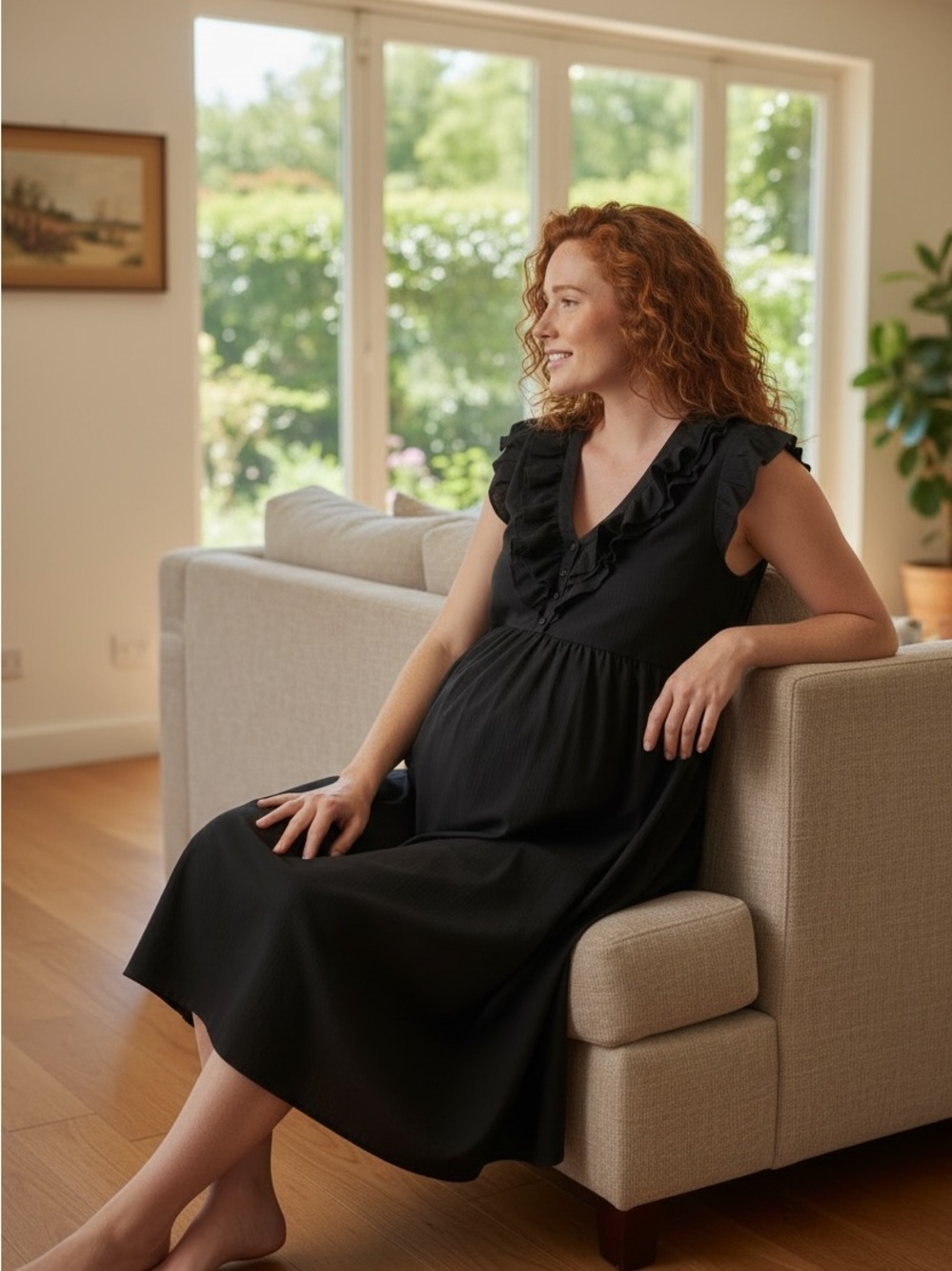 Olian Maternity Dress Ruffled Collar Cap Sleeve Cotton Blend